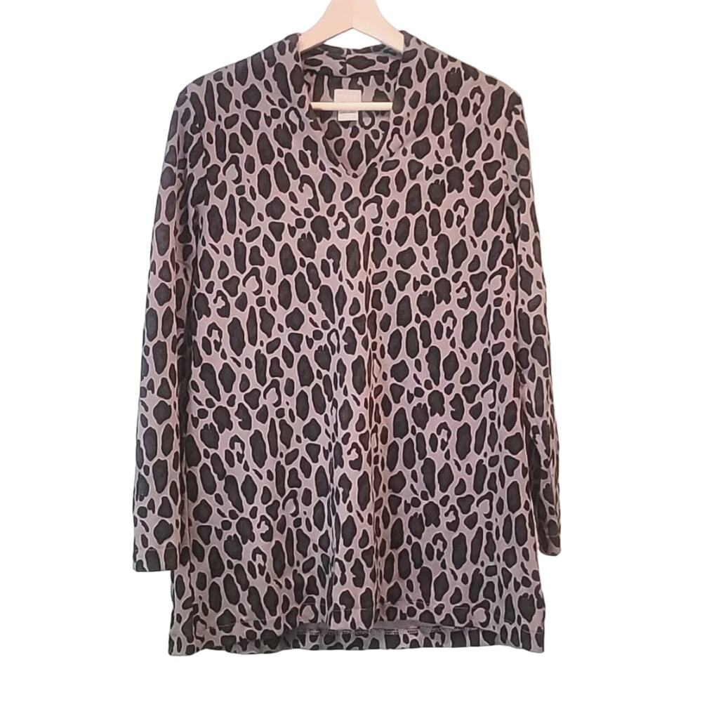 Chico's Leopard Print Tunic Top Gray and Black Size 1 Medium Pima Cotton